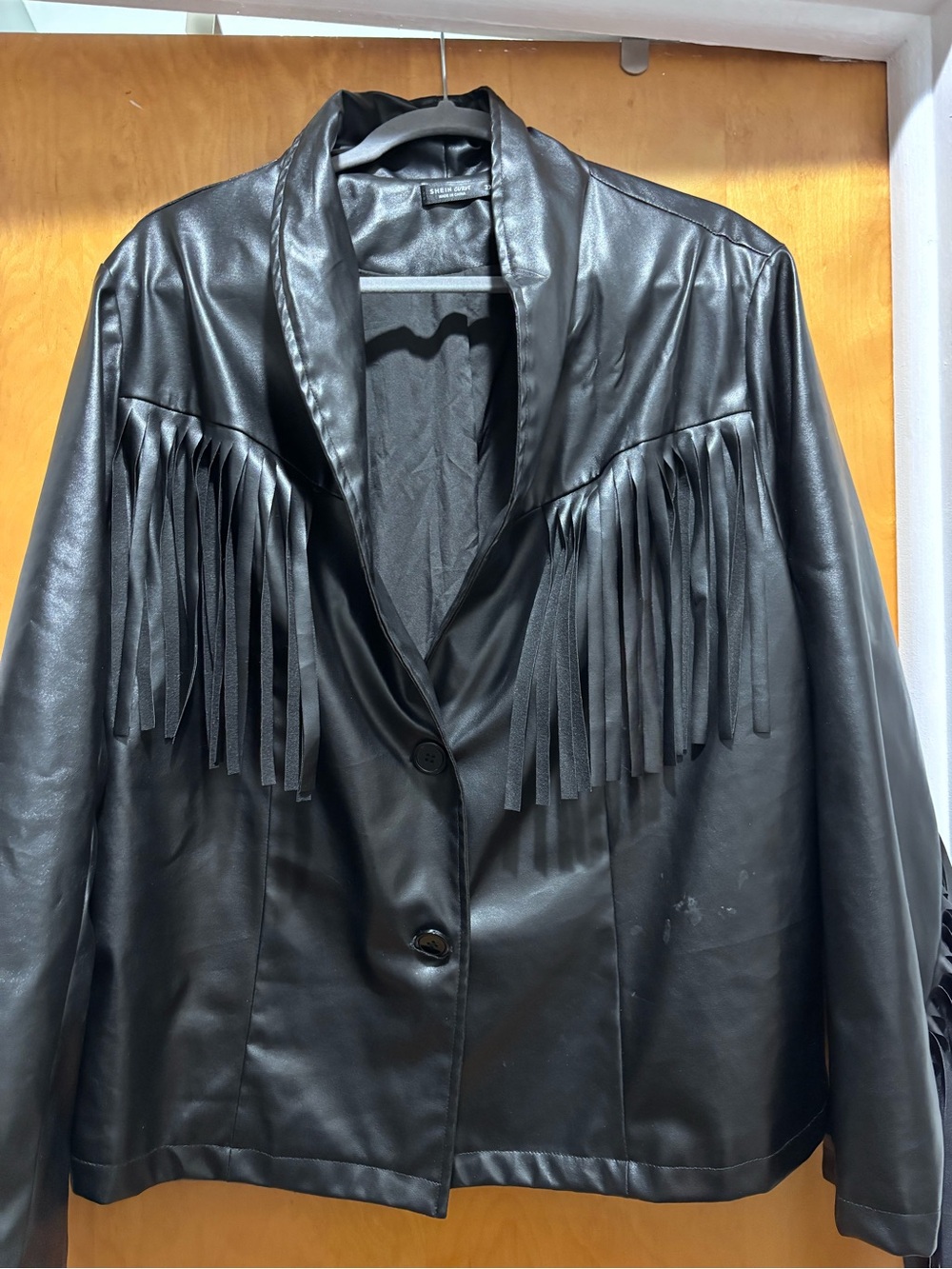 SHEIN Black Faux Leather Fringe Blazer Jacket